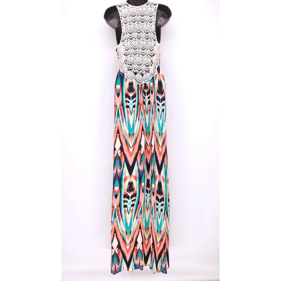 Felicity & Coco Jersey Maxi Dress M Multi Crochet Back Empire Waist Flowy Boho - Picture 3 of 11